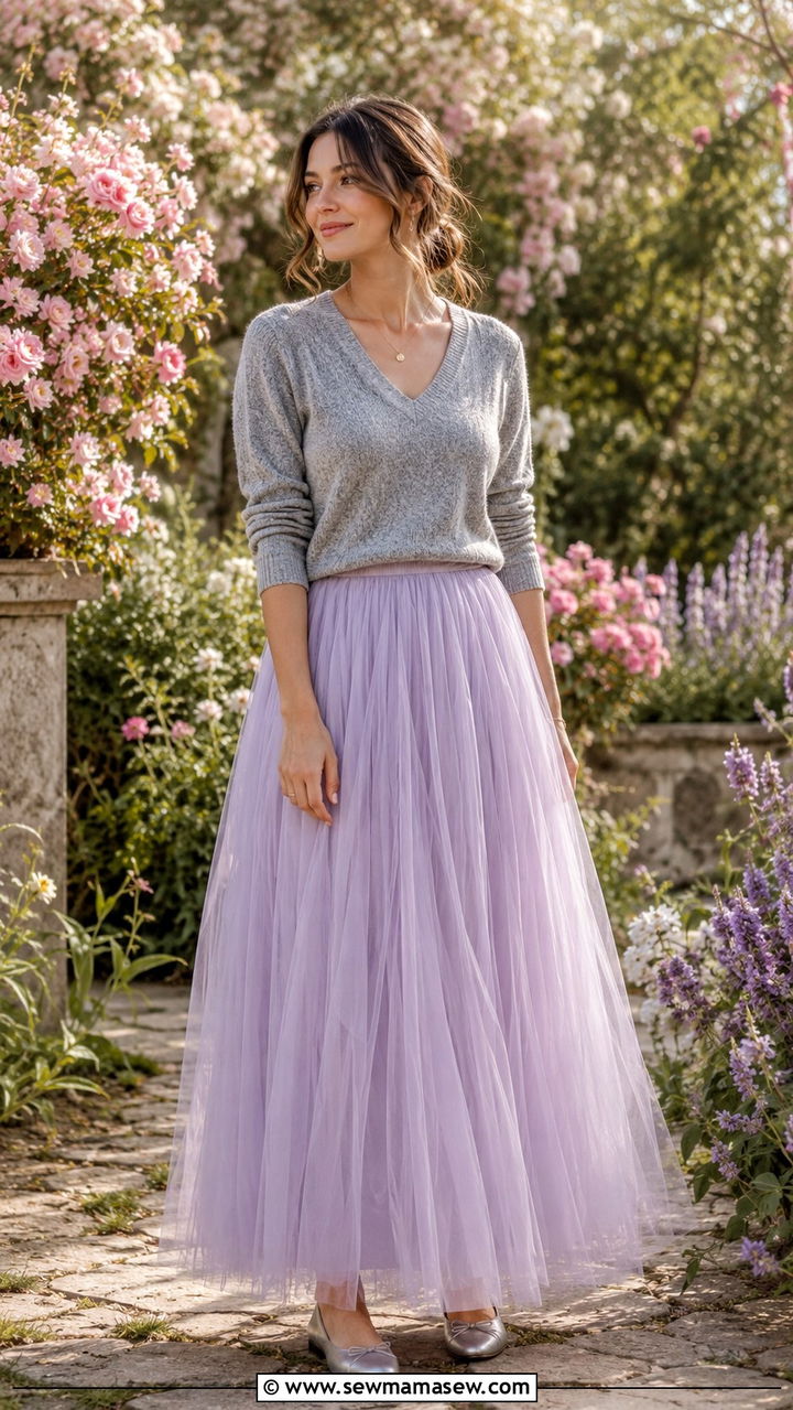 Heather Gray Cashmere V Neck Sweater With Lavender Tulle Maxi Skirt - 20 Tulle skirt outfit ideas with a sweater