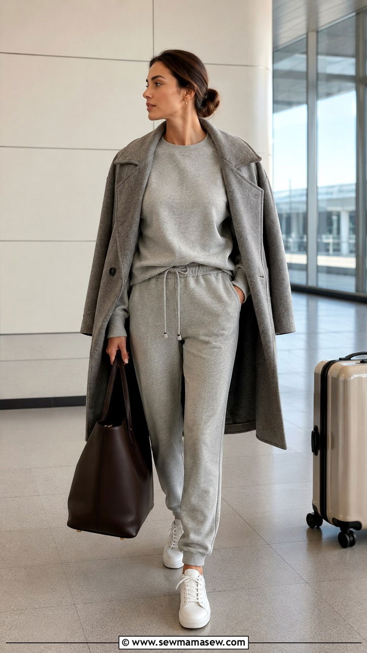 Heather Grey Sweatshirt With Tailored Joggers and Draped Wool Coat - 30 Old money outfit ideas for airport