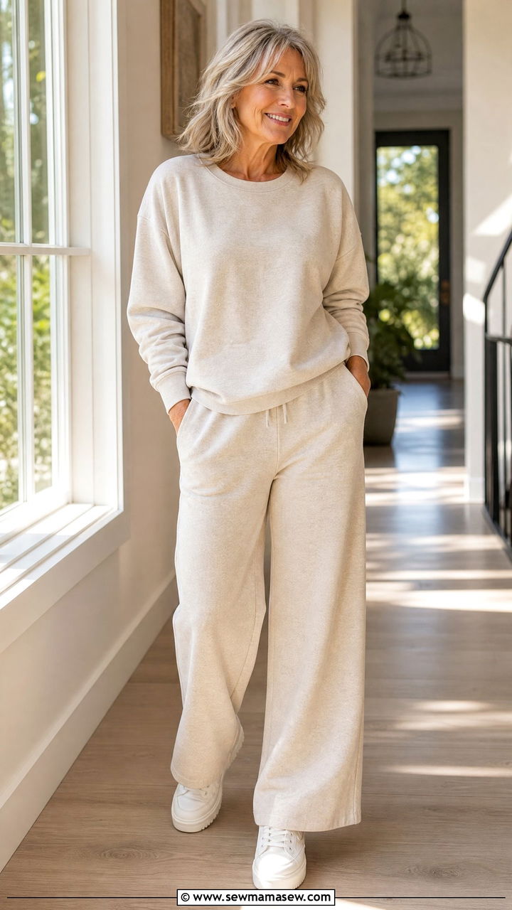 Heathered Sweatshirt And Wide Leg Sweatpants Set - 25 Loungewear outfit ideas for women over 50