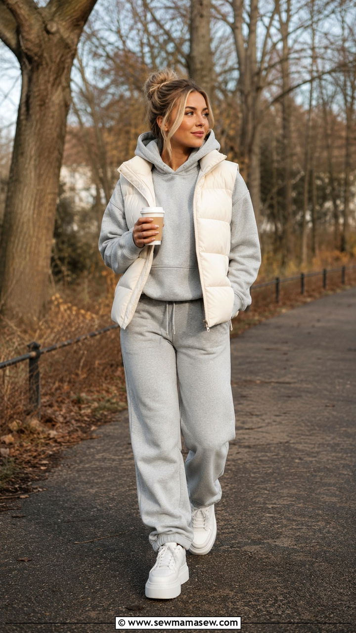 Heathered grey hoodie and sweatpants with puffer vest - 30 Loungewear outfit ideas 2026