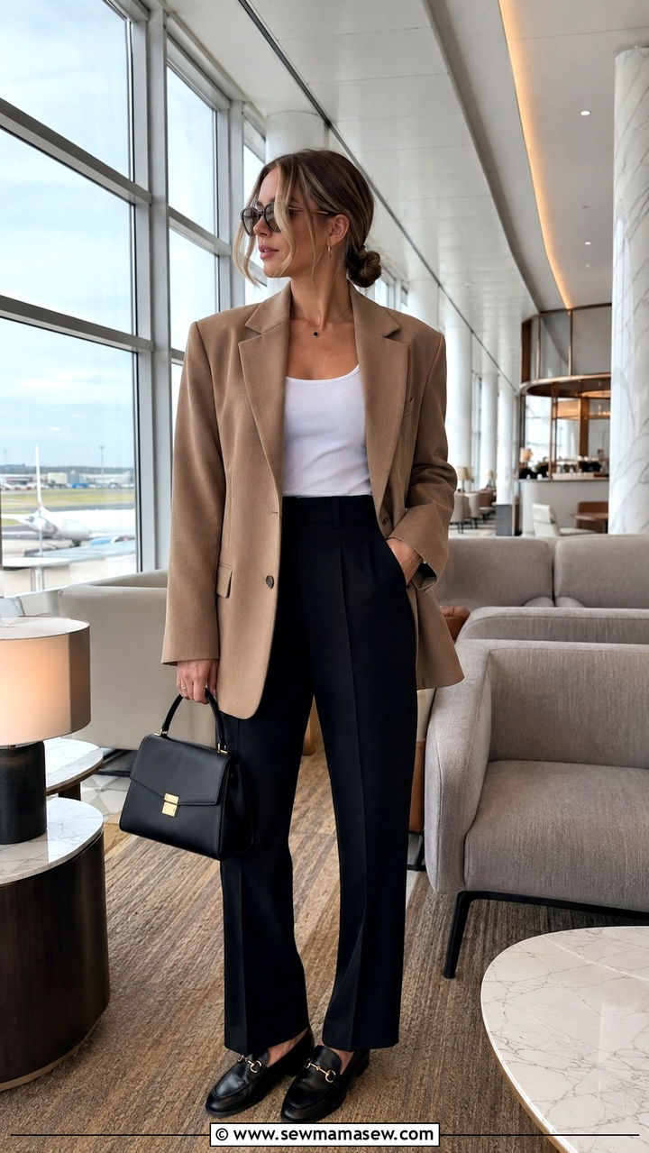 Heathrow airport outfit with blazer and trousers - 25 Airport outfit ideas Heathrow London
