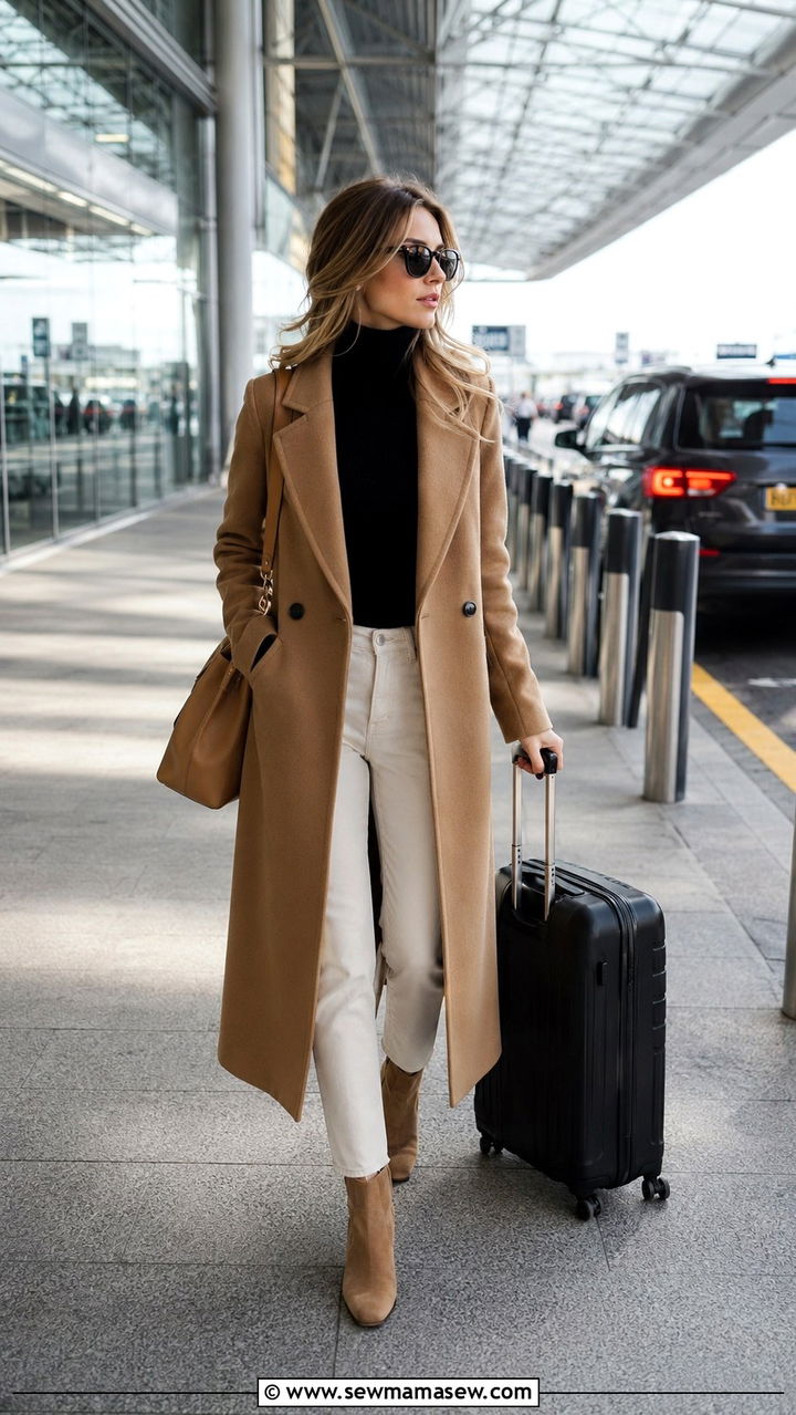 Heathrow airport outfit with camel coat - 25 Airport outfit ideas Heathrow London