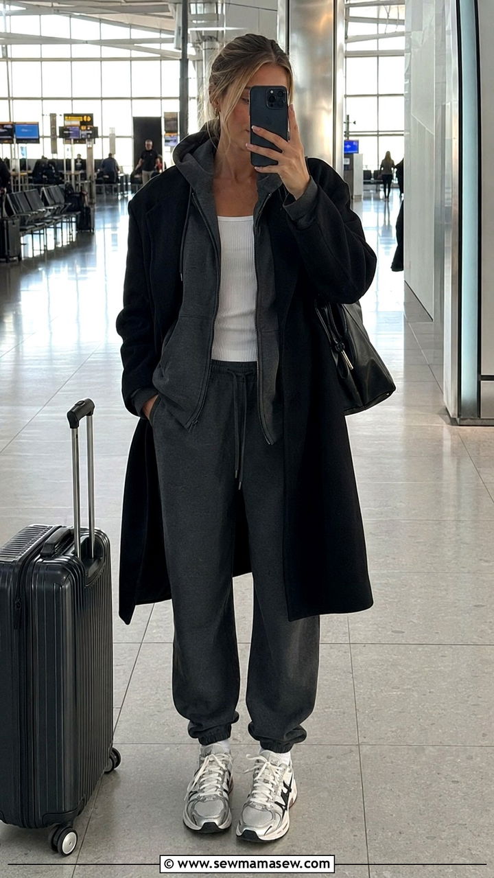 Heathrow airport outfit with joggers and hoodie - 25 Airport outfit ideas Heathrow London
