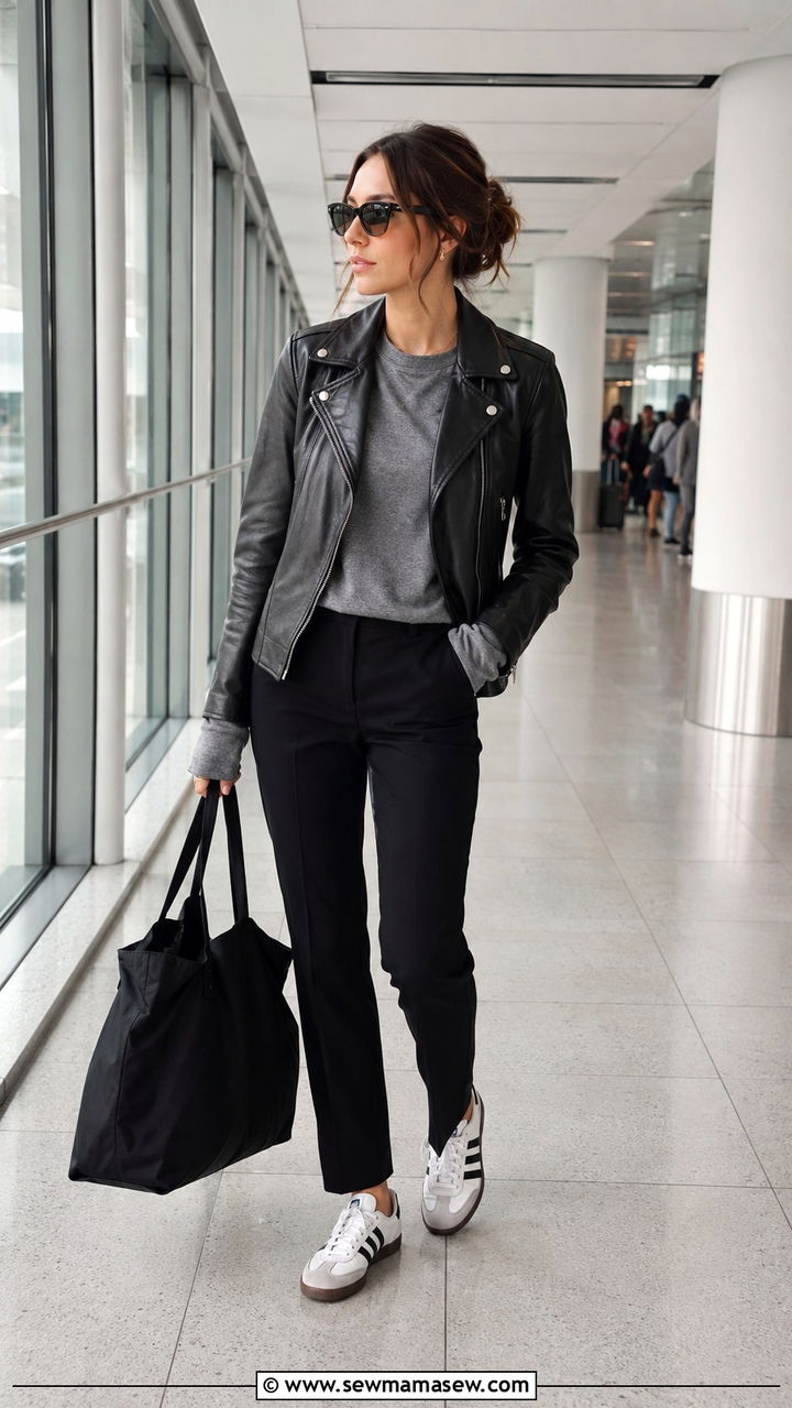Heathrow airport outfit with leather jacket - 25 Airport outfit ideas Heathrow London