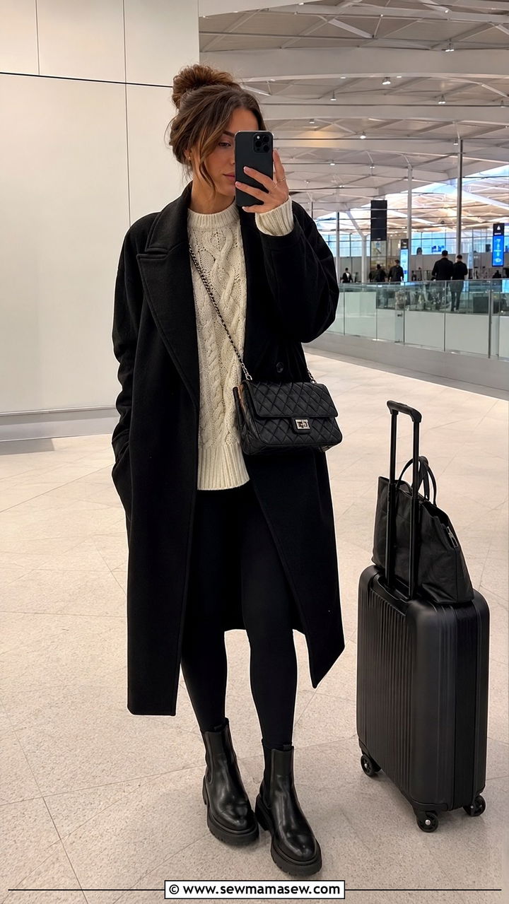 Heathrow airport outfit with leggings and oversized sweater - 25 Airport outfit ideas Heathrow London