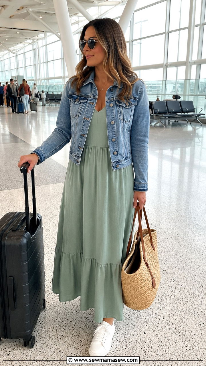 Heathrow airport outfit with maxi dress and denim jacket - 25 Airport outfit ideas Heathrow London