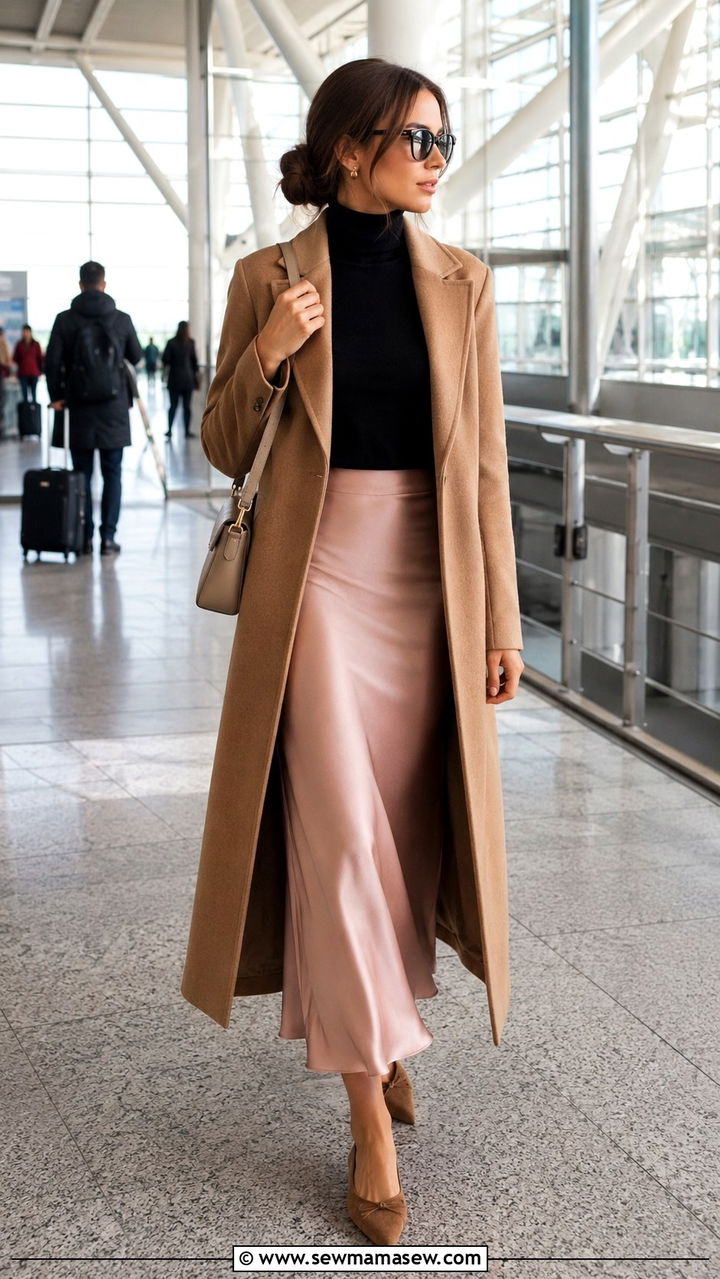Heathrow airport outfit with polo neck and slip skirt - 25 Airport outfit ideas Heathrow London