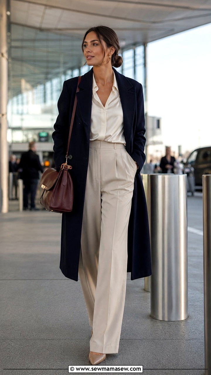 Heathrow airport outfit with tailored trousers and silk blouse - 25 Airport outfit ideas Heathrow London