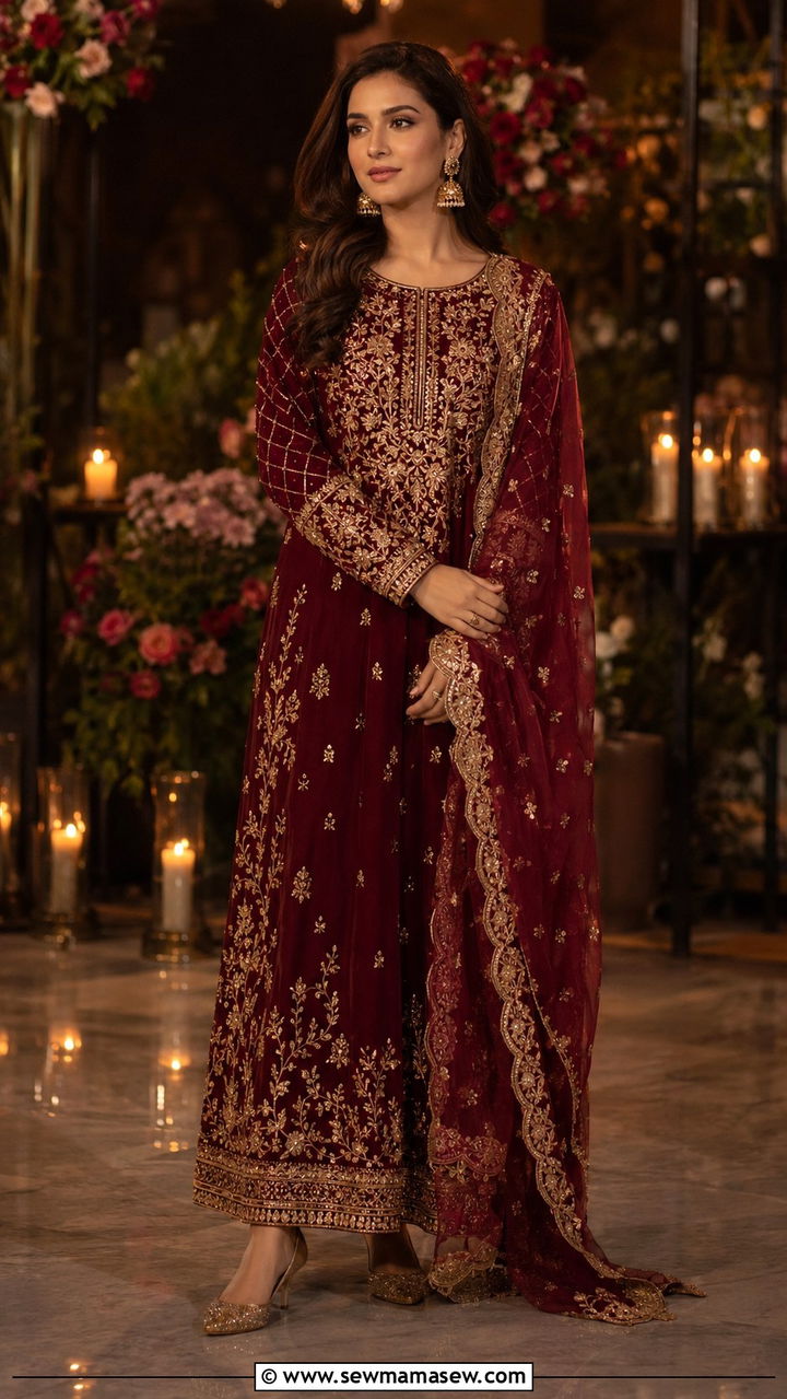Heavy Embroidered Maxi Dress With Dupatta - 20 Wedding guest outfit ideas Barat ceremony