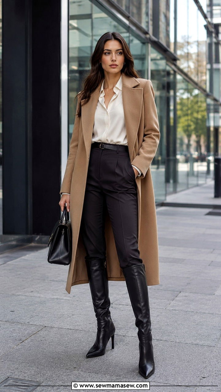 Heeled Knee High Boots With Tailored Trousers - 30 Knee high boot outfit ideas