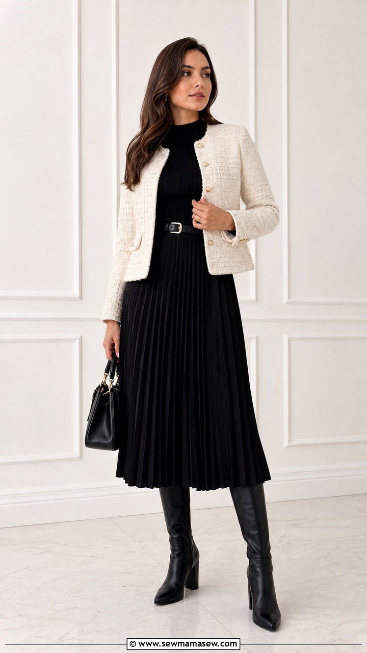 Heeled Knee High Boots with a Pleated Midi Skirt - 25 Knee high boots outfit ideas with a skirt