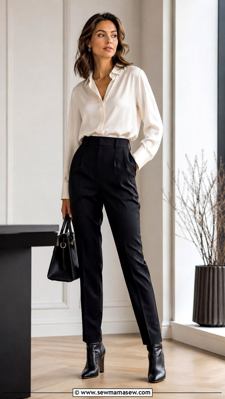 Heeled ankle boots with tailored trousers and silk blouse - 30 transitional boots outfit ideas