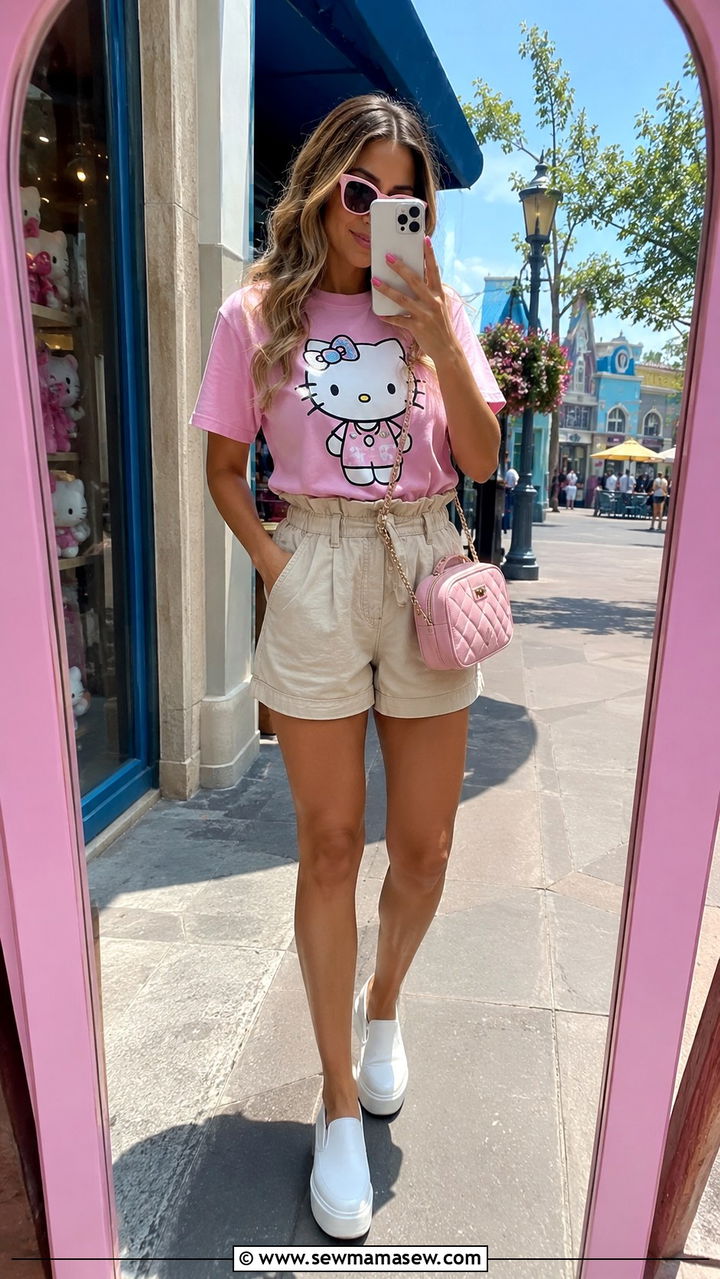 Hello Kitty Graphic Tee with Paperbag Waist Shorts - 30 Universal Studios Hollywood outfit ideas