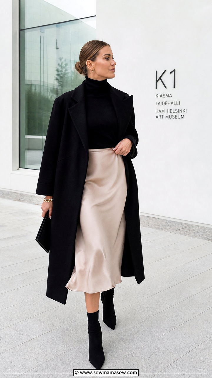 Helsinki Black Turtleneck Satin Skirt Outfit - 25 Helsinki outfit ideas