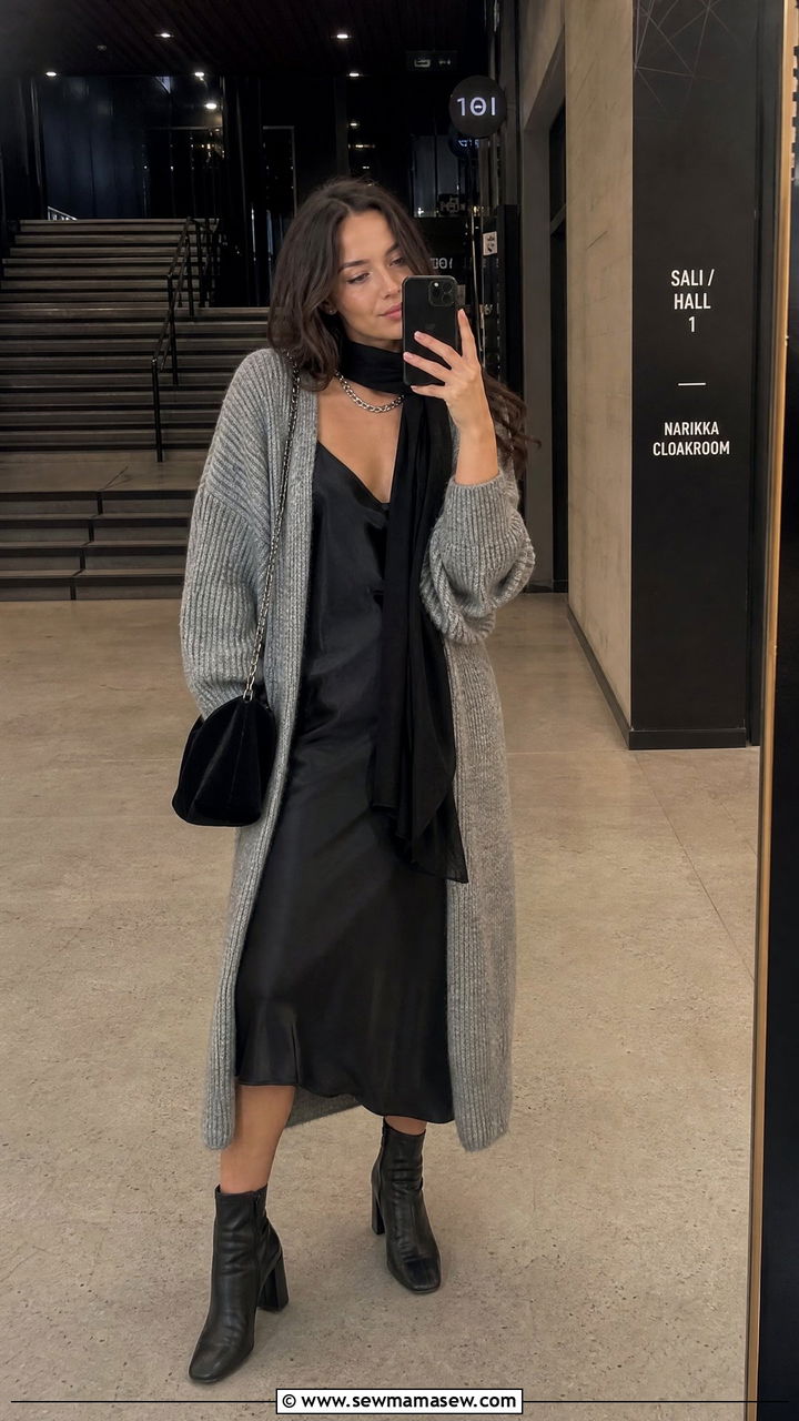 Helsinki Chunky Cardigan Slip Dress Outfit - 25 Helsinki outfit ideas