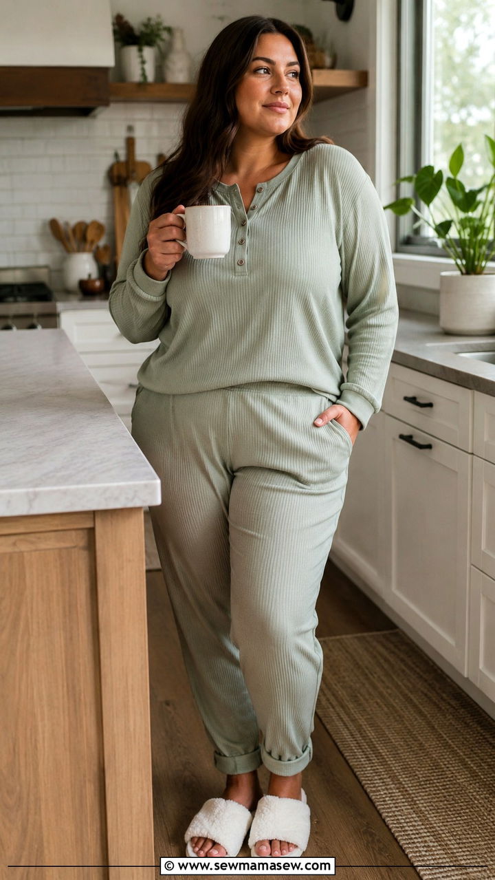 Henley Rib Knit Pajama Set With Pockets - 25 Pajama outfit ideas plus size