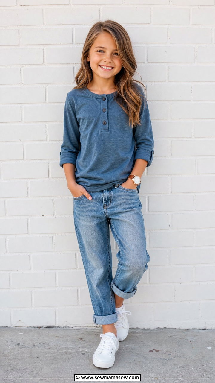 Henley Shirt With Cuffed Boyfriend Jeans - 25 Kid outfit ideas for school picture day