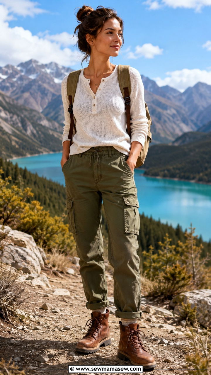 Henley Shirt and Cargo Pants With Boots - 30 Minimalist travel outfits