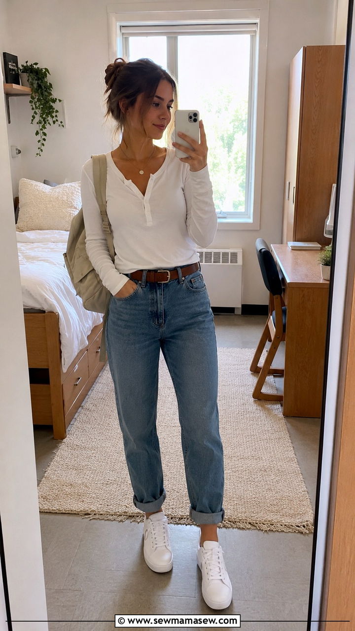 Henley Shirt and Cuffed Jeans - 30 Outfit ideas for college girls