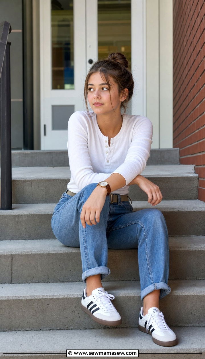 Henley Shirt with Cuffed Jeans and Retro Court Sneakers Outfit - 35 Back to school outfit ideas 10th grade