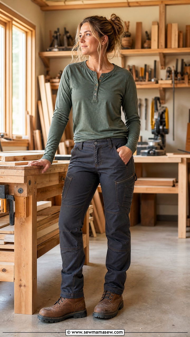 Henley Shirt with Dovetail Work Pants and Leather Steel Toe Boots - 30 Construction site outfit ideas for women