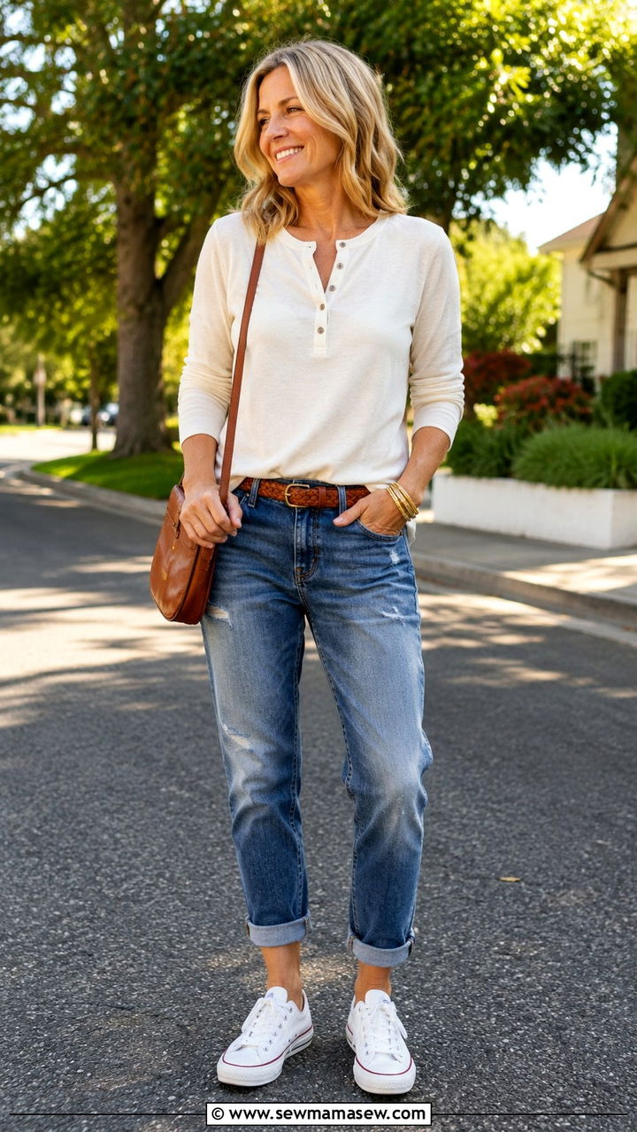 Henley Top And Boyfriend Jeans Over 50 Outfit - 30 Outfit ideas for women over 50 school drop off