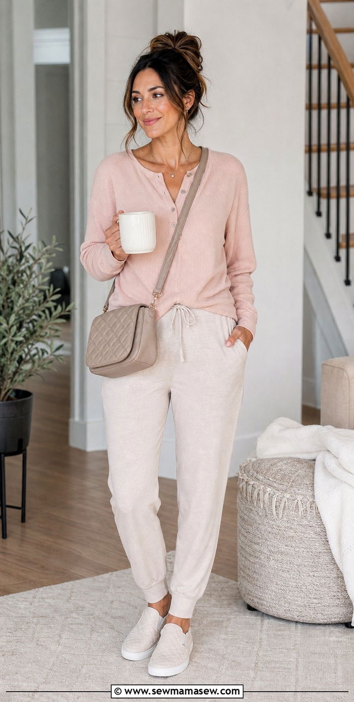 Henley Top And Drawstring Joggers - 25 Spring outfit ideas for postpartum women