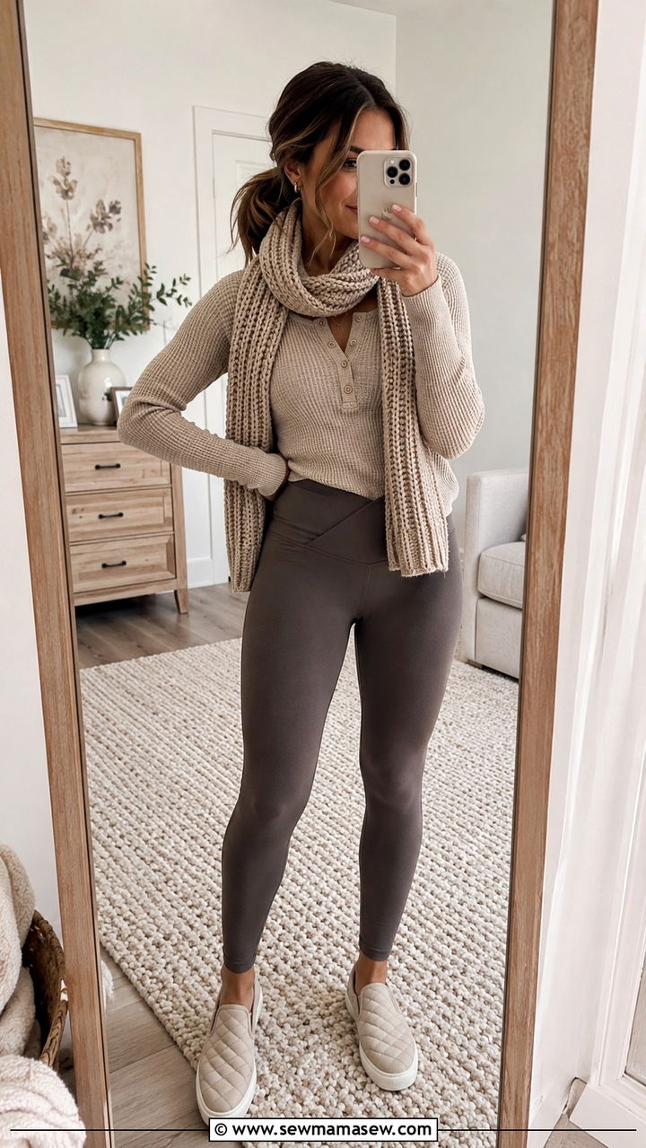 Henley Top And High Waisted Leggings With Slip On Shoes - 20 Postpartum outfit ideas week 6