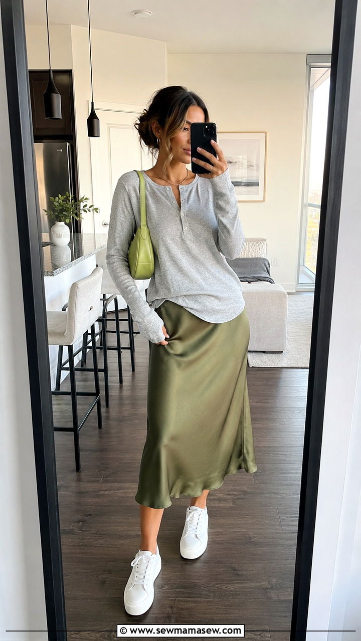 Henley Top Over Slip Skirt With Sneakers - 30 Outfit ideas for short torso