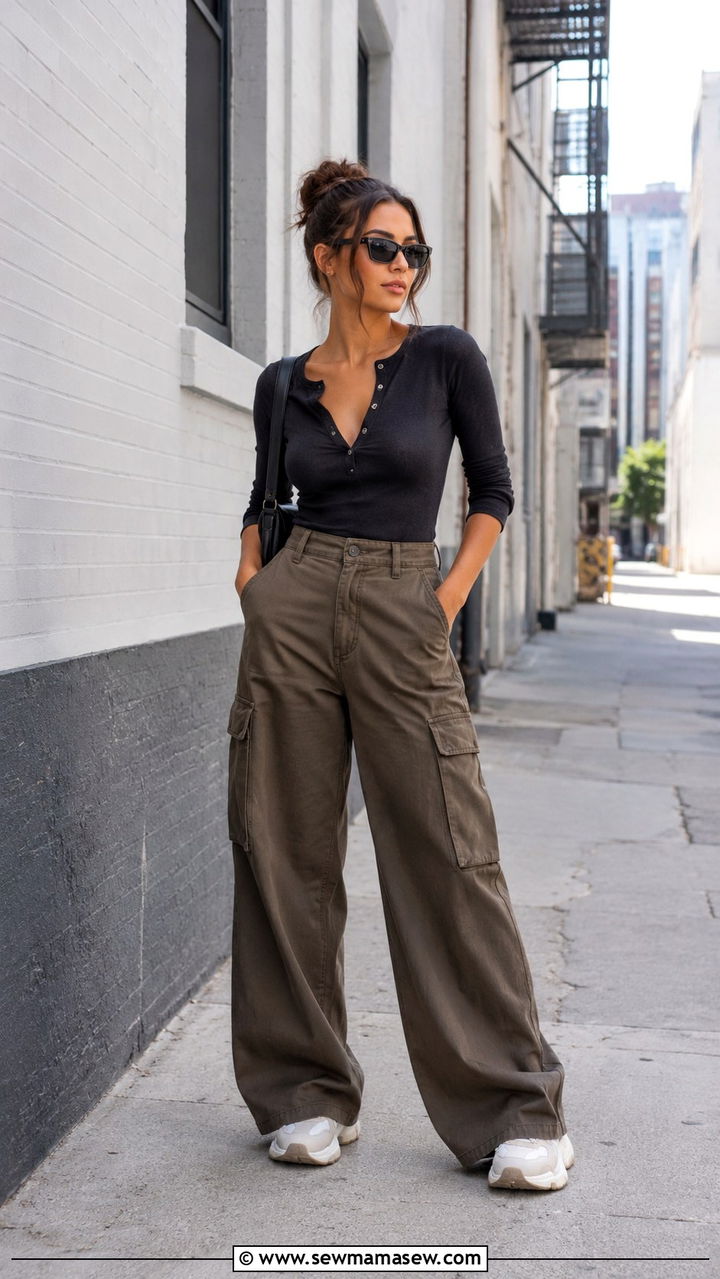 Henley Top with Cargo Wide Leg Pants Outfit - 20 Outfit ideas for inverted triangle body to balance shoulders