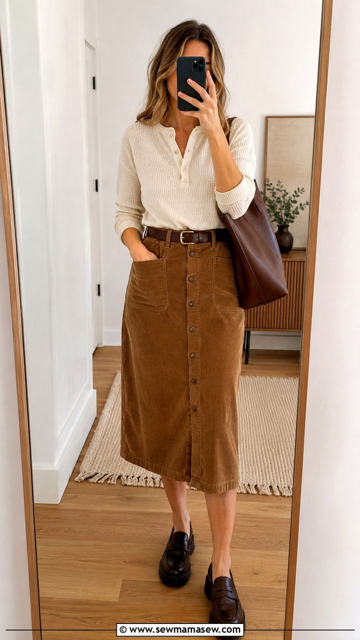 Henley Top with Corduroy Button Front Skirt - 30 transitional skirt outfit ideas
