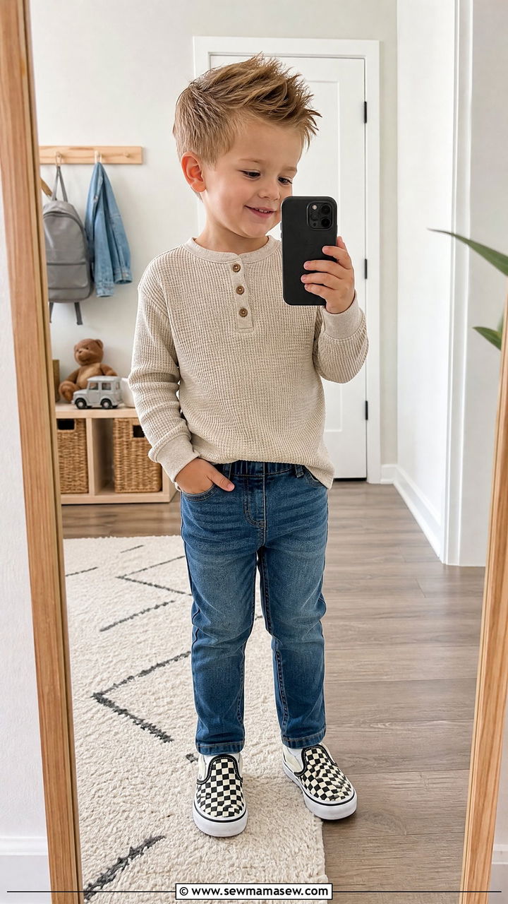Henley shirt stretchy jeans preschool outfit - 30 Preschool outfit ideas