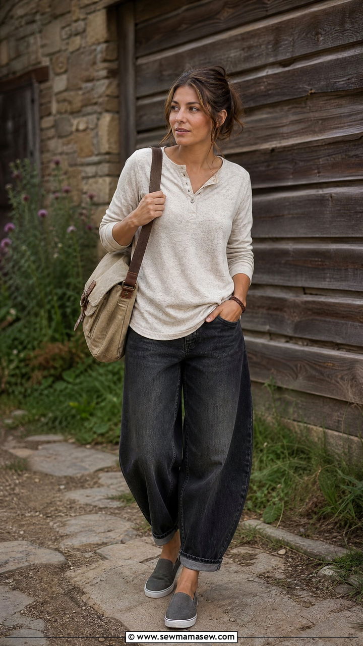 Henley sweater with barrel jeans and slip on sneakers - 25 Barrel jeans outfit ideas with a sweater