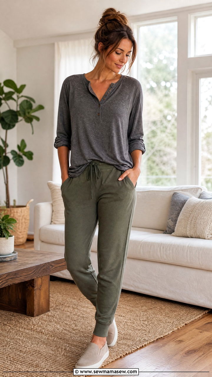 Henley top and French terry joggers - 30 Cozy at home outfit ideas