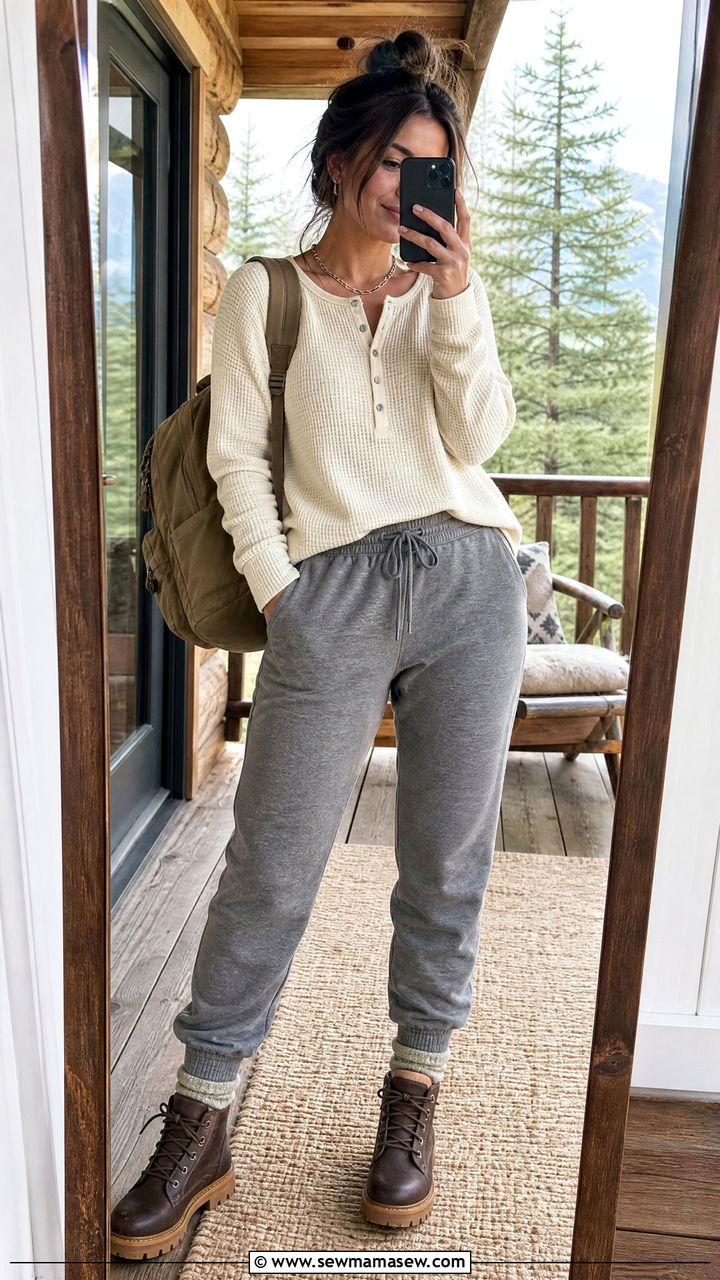 Henley top and jogger pants with chunky boots - 25 Modest outfit ideas for mountain trip