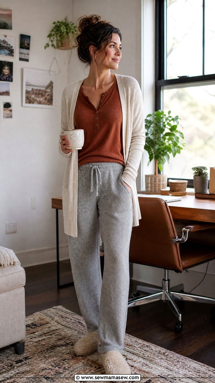 Henley top and knit lounge pants outfit - 35 Loungewear outfit ideas for work from home