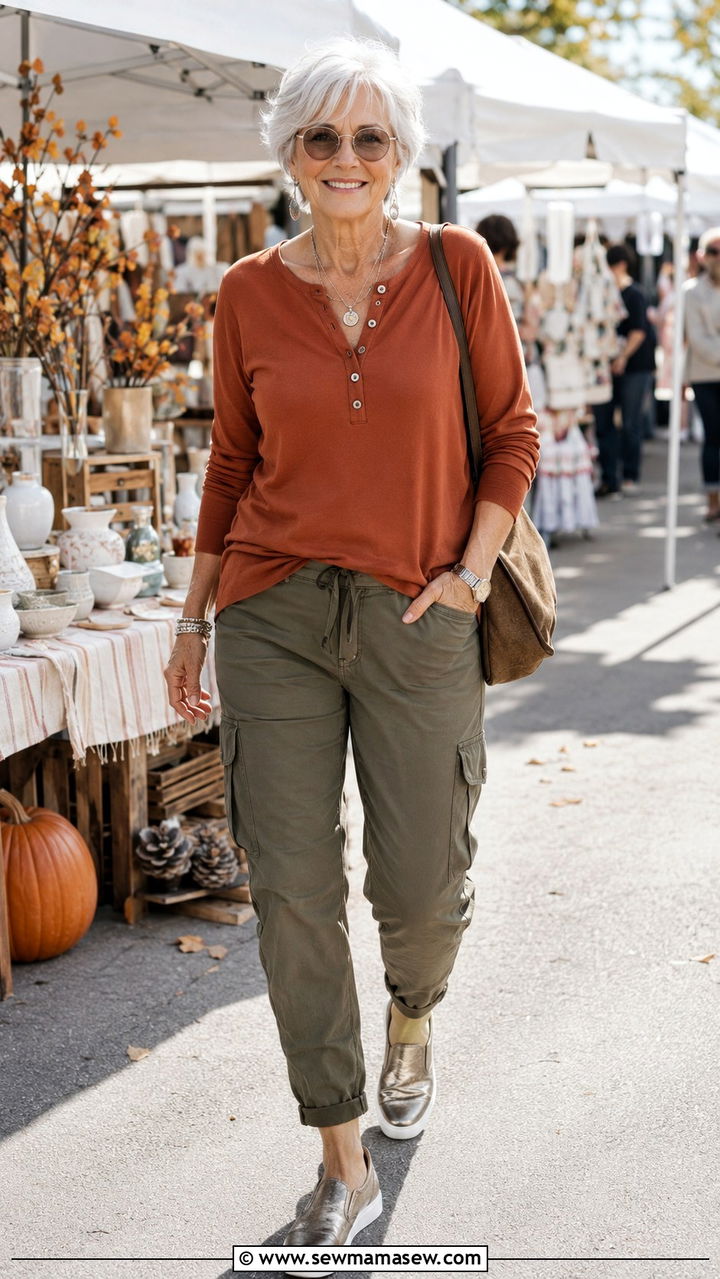 Henley top with cargo style trousers - 30 Outfit ideas for women over 70 casual 2026