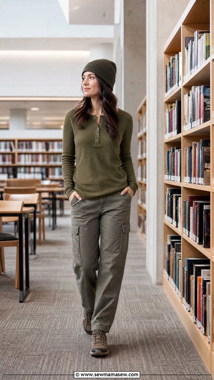 Henley top with utility cargo pants and trail sneakers - 30 College library outfit ideas