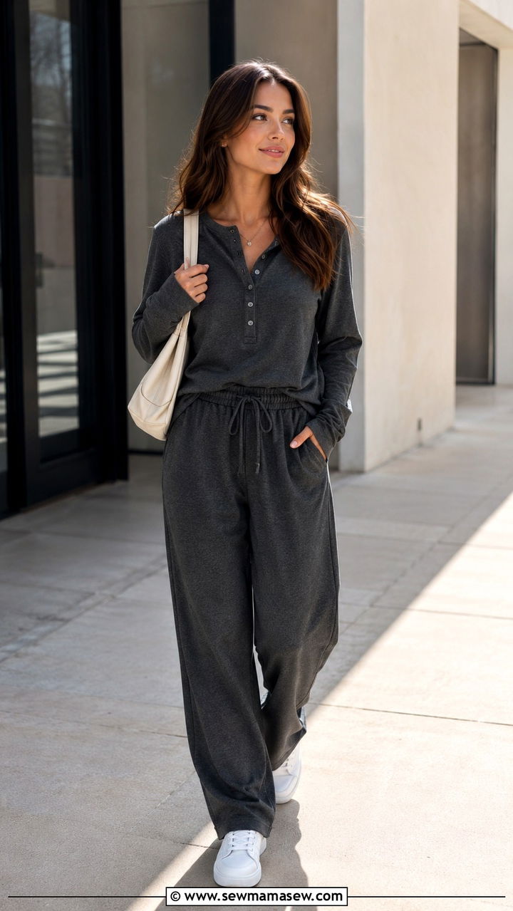 Henley top with wide leg track pants - 30 Loungewear outfit ideas for weekend