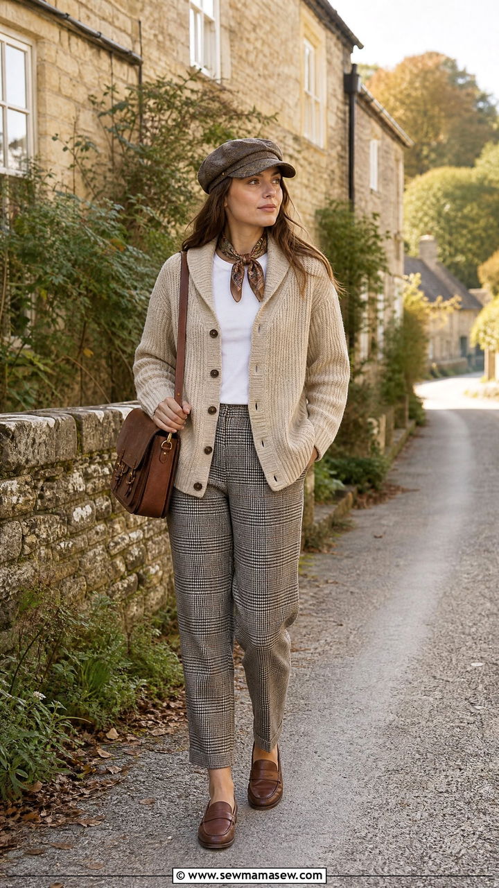 Heritage cardigan and plaid trousers outfit - 35 Modern preppy outfit ideas