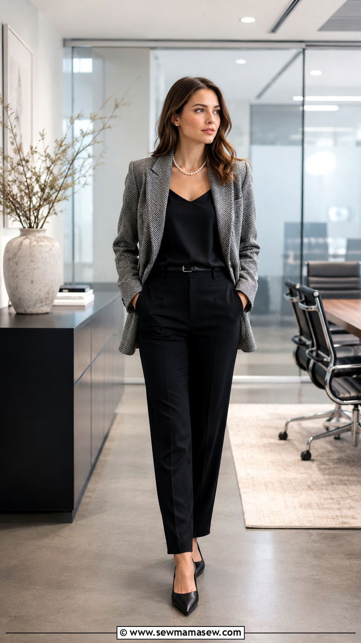 Herringbone Blazer and Black Trousers With Silk Shell and Pearl Necklace - 25 Old money outfit ideas with pearls necklace