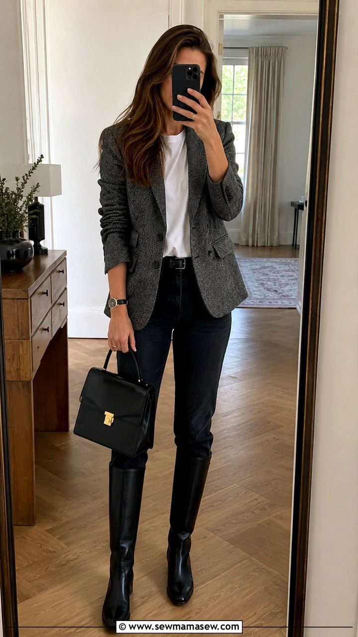 Herringbone Blazer and Riding Boots Outfit - 25 Old money outfit ideas with riding boots