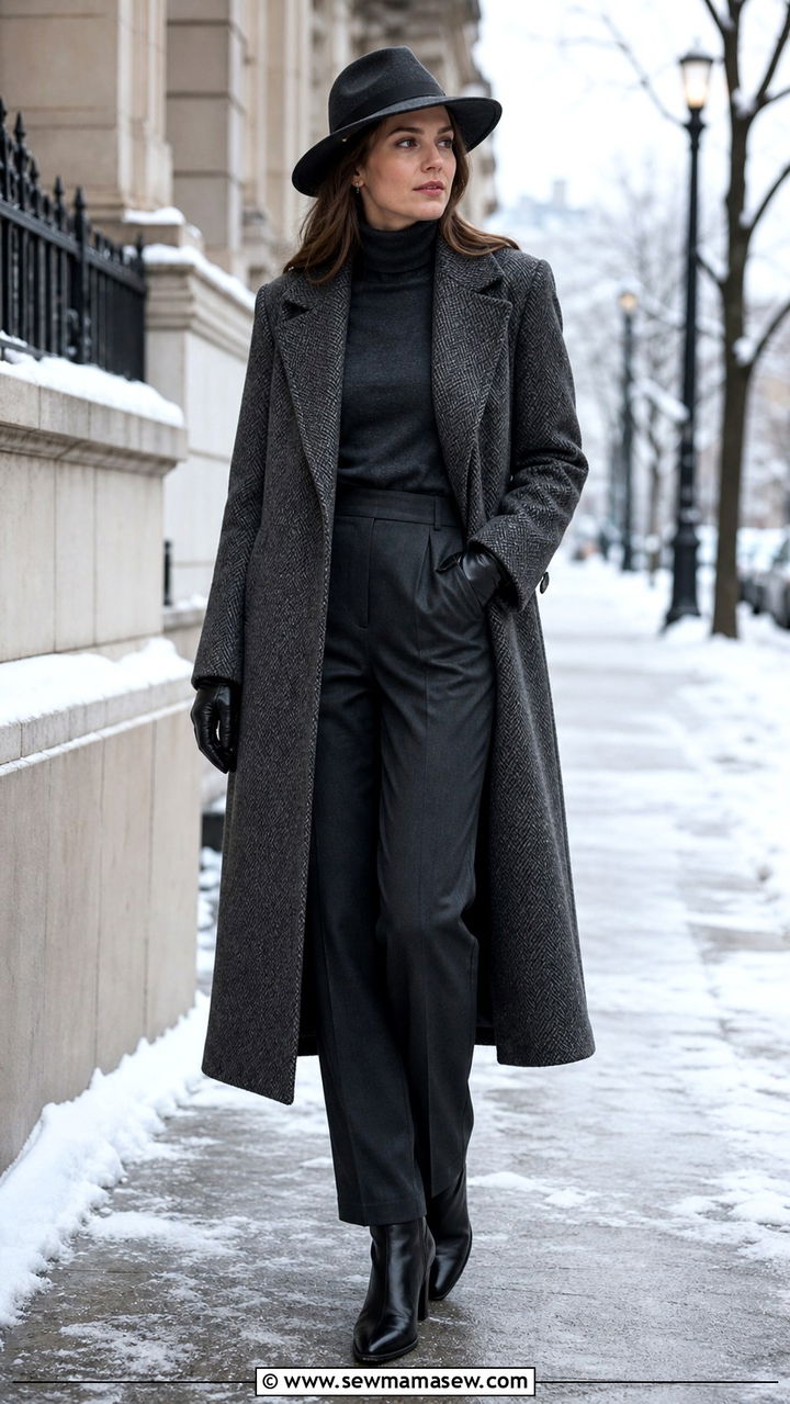 Herringbone Coat Over Charcoal Turtleneck and Trousers - 40 old money outfit ideas for women
