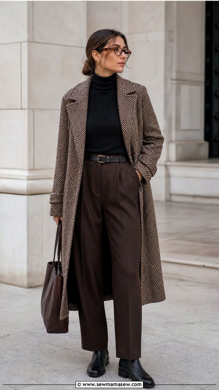 Herringbone Coat and Turtleneck Office Outfit - 30 Dark academia work outfits