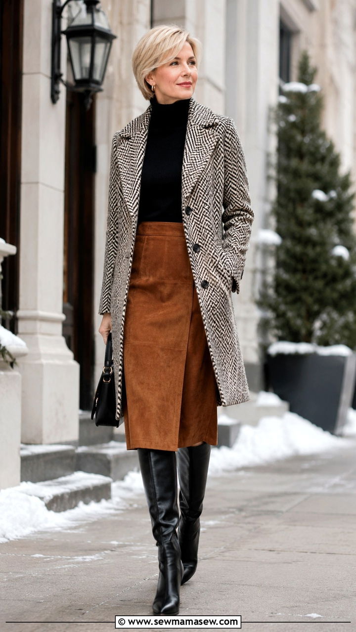 Herringbone Coat with Suede Midi Skirt and Knee High Boots - 20 Quiet luxury outfit ideas for women over 50