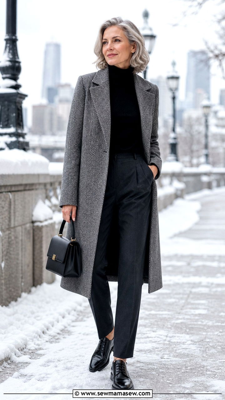 Herringbone Coat with Turtleneck and Tailored Trousers - 20 55 year old woman outfit ideas