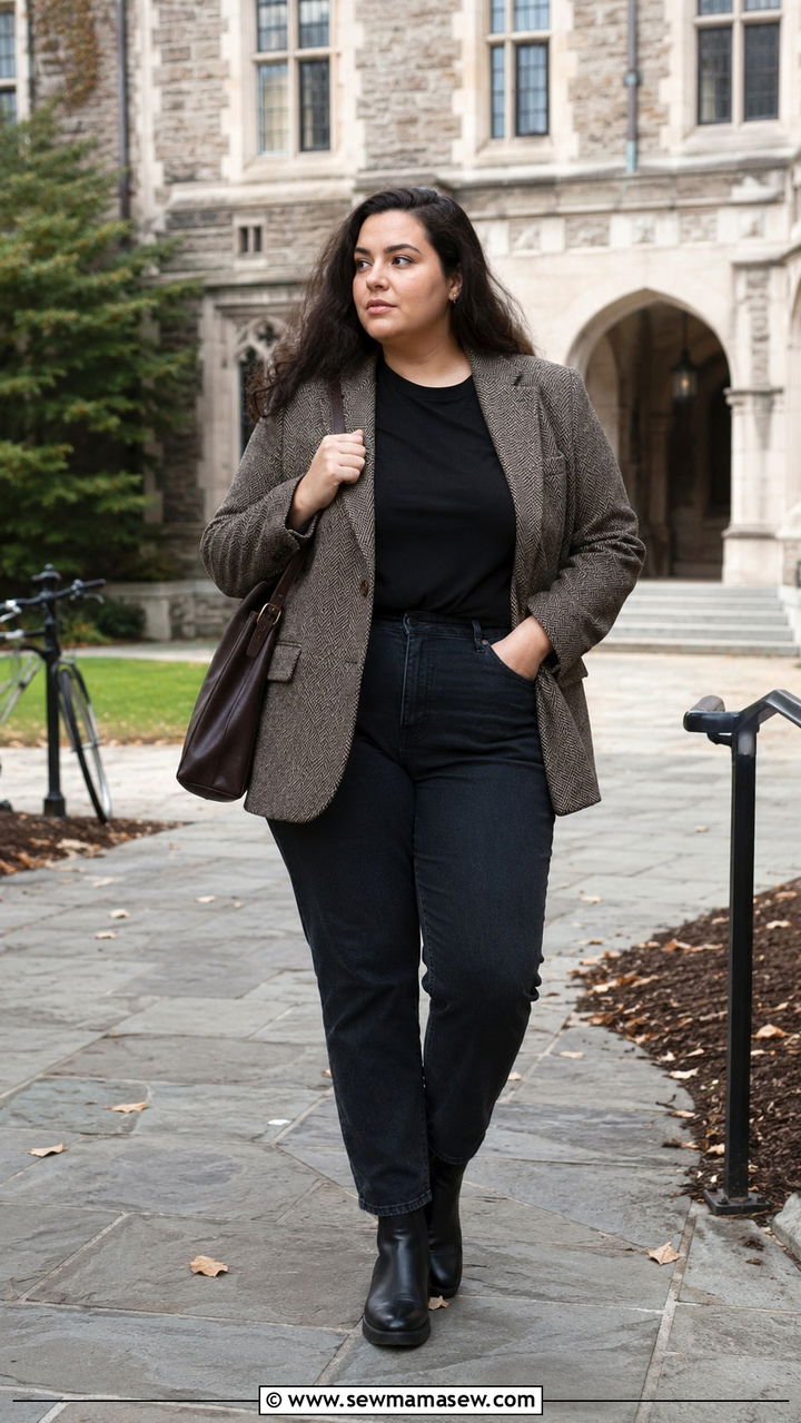 Herringbone Tweed Blazer With Dark Straight Jeans And Chelsea Boots - 20 Dark academia outfits for curvy women