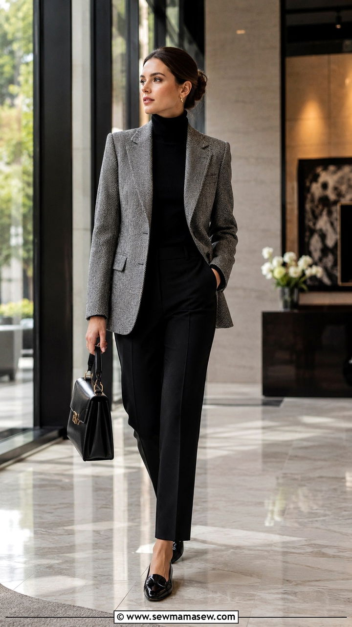 Herringbone Wool Blazer and Turtleneck with Black Straight Trousers - 30 old money capsule wardrobe outfits