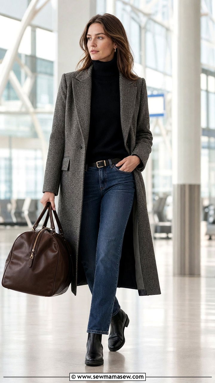 Herringbone Wool Coat Outfit - 35 Airport outfit ideas old money