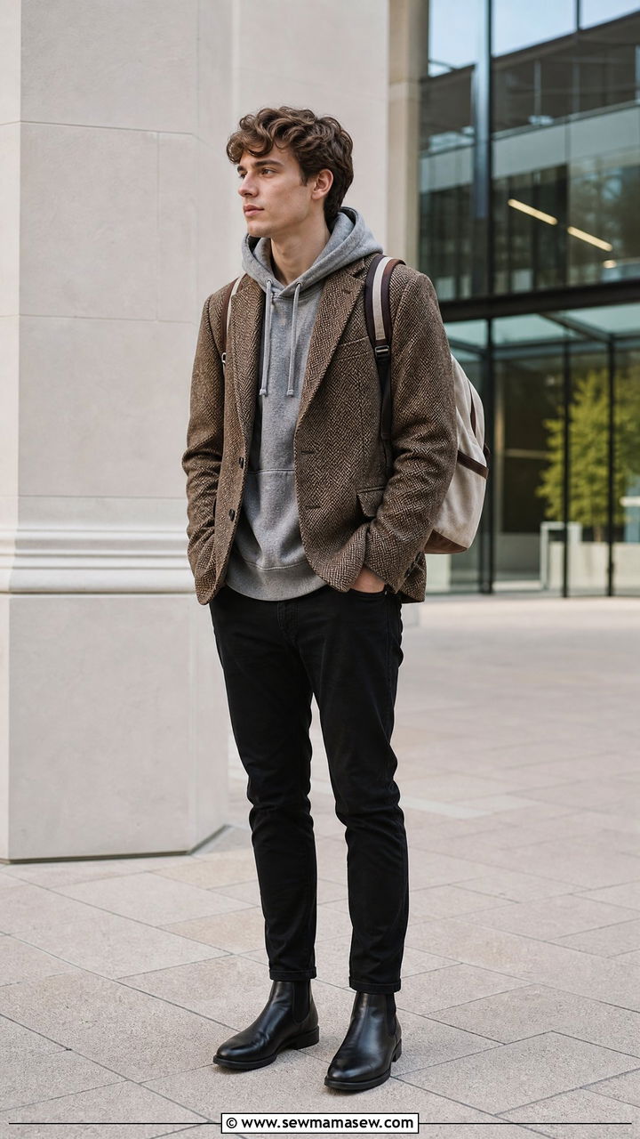 Herringbone blazer with a hoodie and black jeans - 25 Old money outfit ideas for college